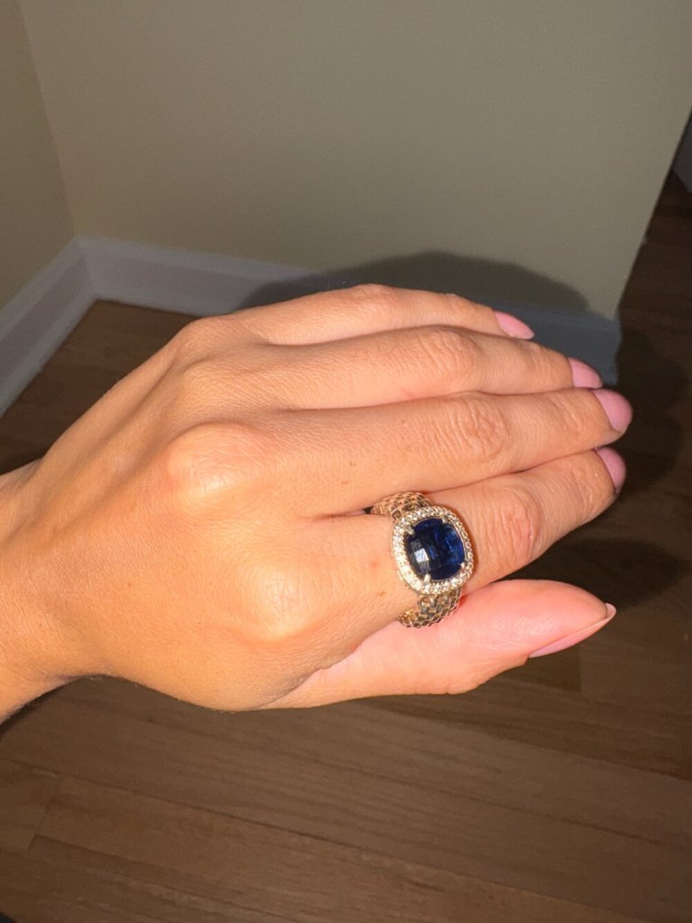 Blue Cushion-Cut CZ Halo Yellow Gold-Plated 925 Silver Stretch Ring Size 7
